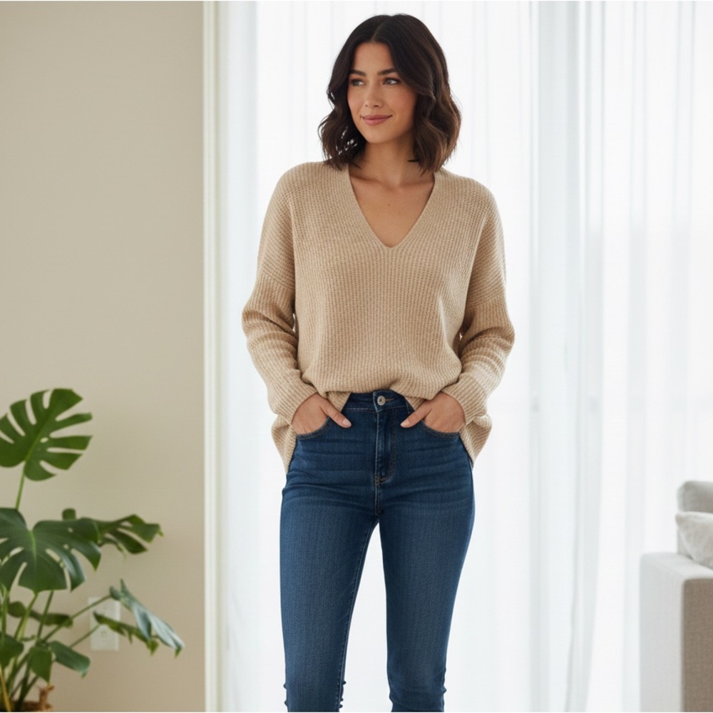 Mango V-Neck Cream Sweater PTP 22” L21”
